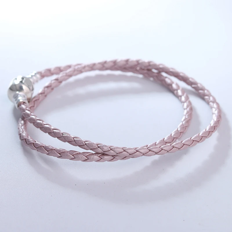 

Light Pink Color Leather Bracelets for Women Classic Signature Clasp Silver 925 Jewelry Braided Rope Charms Bracelets DIY Making