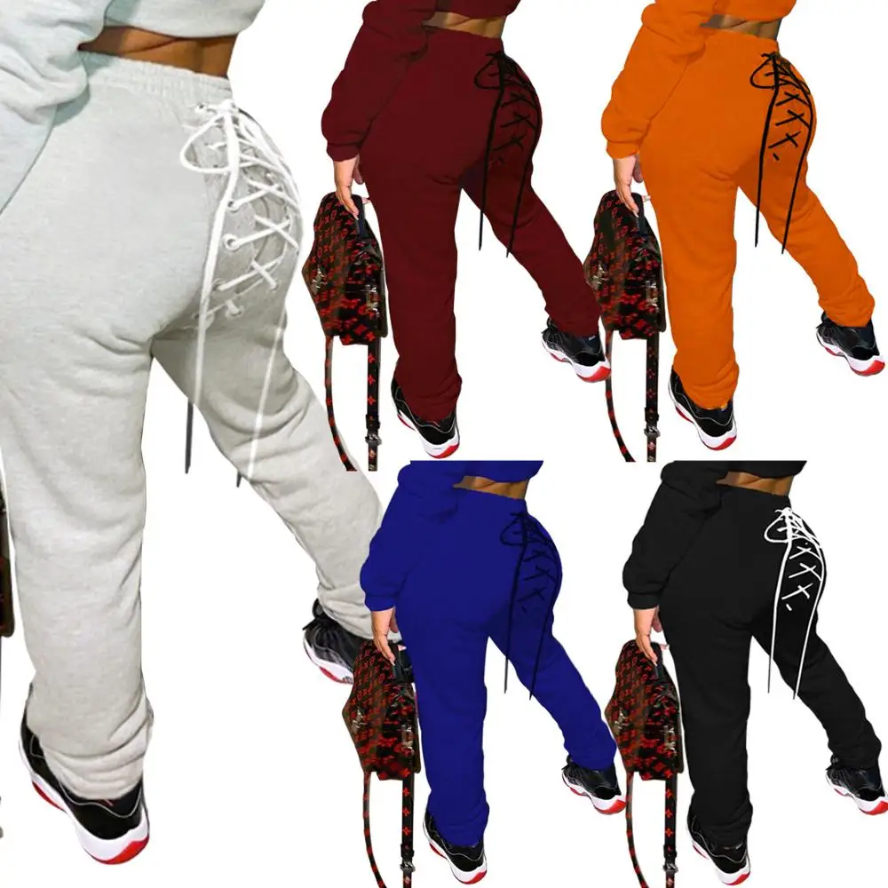 

Plain Color Lace Up Sportswear Workout Hip Hop Pant Women Casual High Waist Slim Sweatpant Trouser Autumn Winter Running Joggers