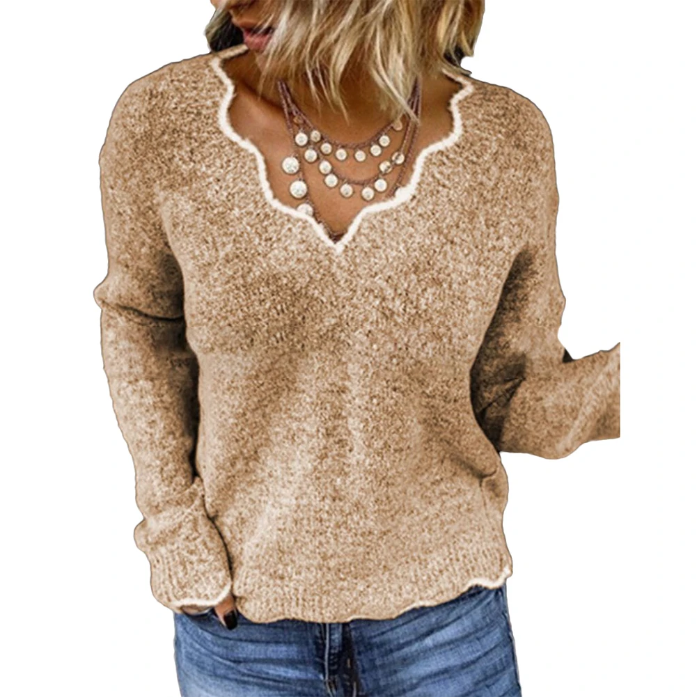 Модный однотонный осенний зимний свитер с v-образным вырезом, пуловер, Женский вязаный свитер, женский свитер с длинным рукавом, дешевый