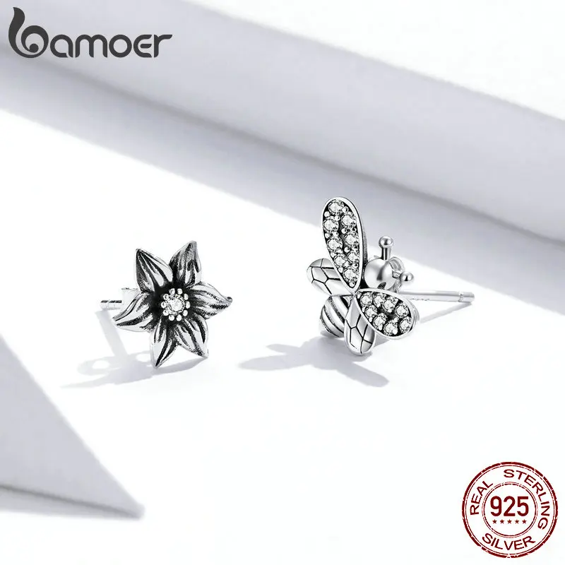 Женские серьги гвоздики из серебра 925 пробы с пчелами и цветами|Серьги-гвоздики| |