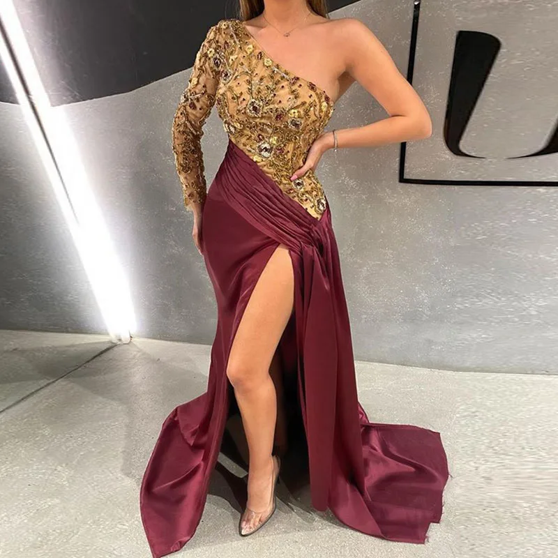 

Arabic Evening Dresses with Gold Beads One Shoulder Long Sleeves Sexy Side Spit Satin Prom Gown Dubai Party Dresses 2020