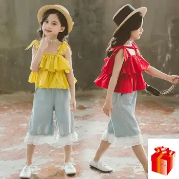 

Red /yellow Girls Clothing Summer Sleeveless Halter Shirt + Denim Lace Wide Leg Pants Two Sets Comfortable Breathable Clothing