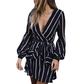 

Luxury Brand Dress Women 2020 Spring Summer Fashion Long Sleeve Casual Striped Ruffle Sexy V-neck Mini Dress For Party Night