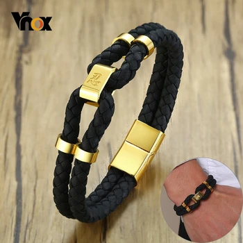 

Vnox Stylish Chinese Character Charm Bracelet for Men Black Genuine Leather Bangle Stainless Steel Clasp Casual Pulseira