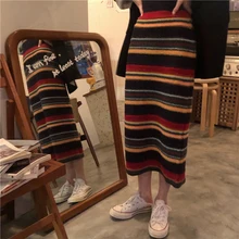 Радужные полосатые длинные юбки, женские шерстяные юбки, вязаные осенние зимние Лоскутные облегающие винтажные юбки средней длины для девушек V844