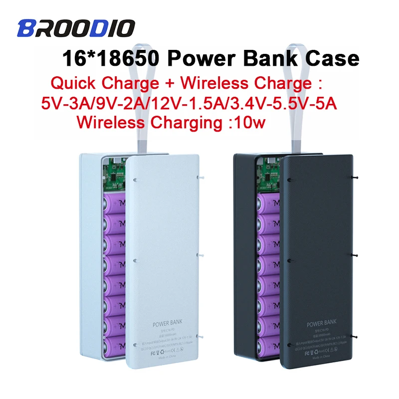 DIY 16*18650 Battery Charger Box Detachable Power Bank Holder Case LCD Display Support Wireless Shell Storage |