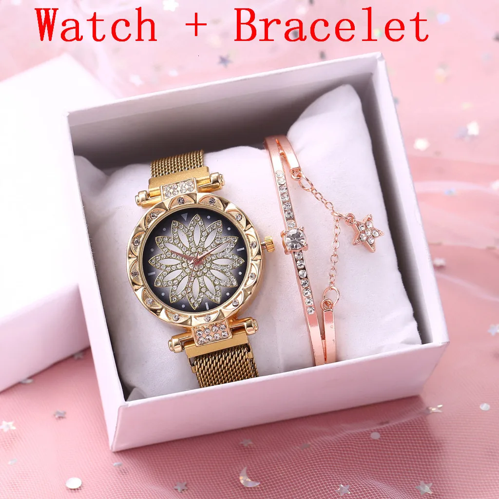 Горячая Распродажа, женские часы с магнитной пряжкой и цветочным принтом, роскошные женские Стразы, кварцевые часы, браслет, набор, Relogio Feminino