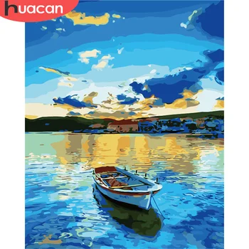 

HUACAN DIY Painting By Number Boat Drawing On Canvas Gift Pictures By Numbers Sea Kits Hand Painted Paintings Art Home Decor