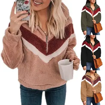 

Fashion Women Autumn Winter Stripes Color Block Zipper Fleece Warm Sweatshirt