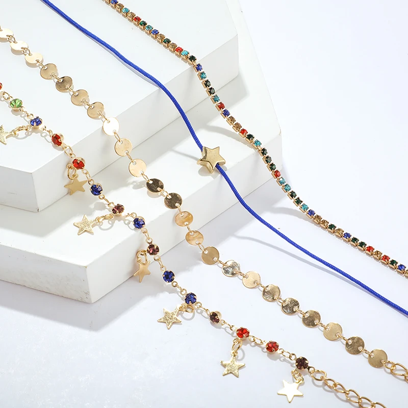 Tocona Foot Jewelry Colorful Crystal Rhinestone Anklet Set Star Sequins Pendant Barefoot Ankle Leg Bracelets Summer Jewelry 8641