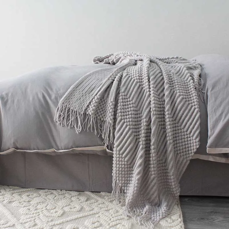 Nordic Knitted Blanket Travel Blanket Grey Khaki Sofa Throw Blanket with Tassels Air Condition Blankets 127x170cm/127x220cm-1