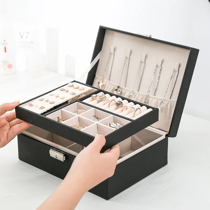 New Design Pu Leather Jewelry Box Double-Layer Wooden Case Princess Display Holder Women Gift with Lock