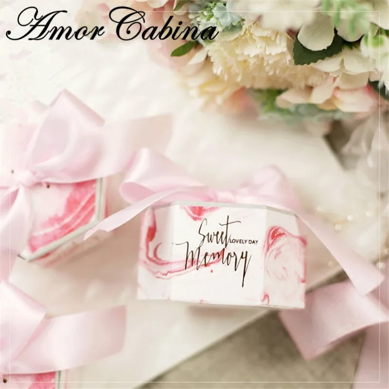 

30pcs Wedding pink candy box chocolate box creative marble style printing paper gift box with ribbon casamento decoration