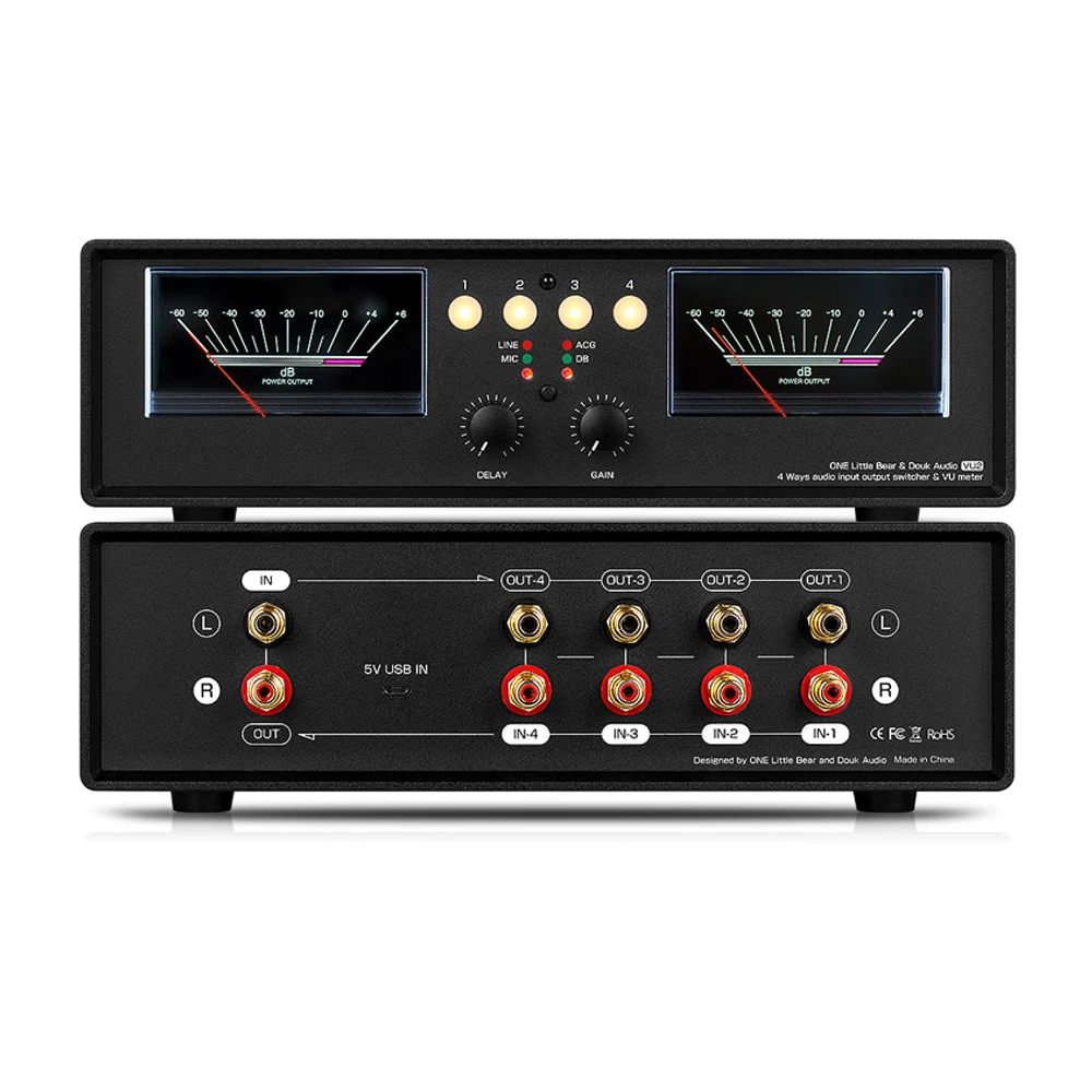 

VU2-D/L LED Version MIC+LINE Dual VU Meter Audio Splitter Box 4-Way Switcher Sound Level Indicator High Quality And Practical