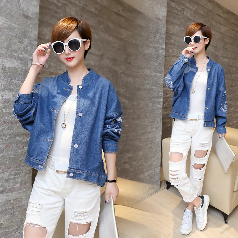 

2016 New Style Spring And Autumn Versatile Retro Loose Bat Sleeve Embroidered Cowboy Short Jacket Women's Stand Collar Jacket Fa