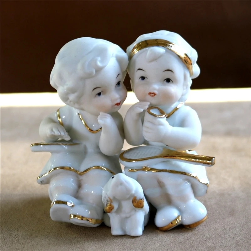 

Cute Porcelain Tennis Lovers Figurine Handmade Ceramic Wedding Miniature Craft Adornment Home Decor Wedding Gift Valentine's Day