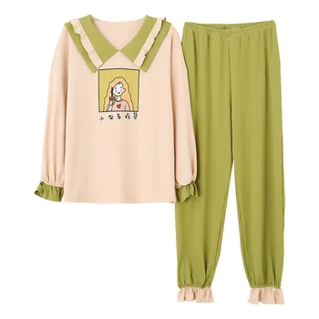 

Spring and Autumn Pajamas Ladies Cotton Long-sleeved Pullover Round Neck Cotton Pajamas Cute Can Be Worn Outside Home Suit