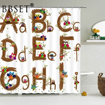 

Funny Animal Shower Curtain Cute Owl and English Letter Pattern Waterproof Multi-size Douchegordijn Bathroom Decor with 12 Hooks