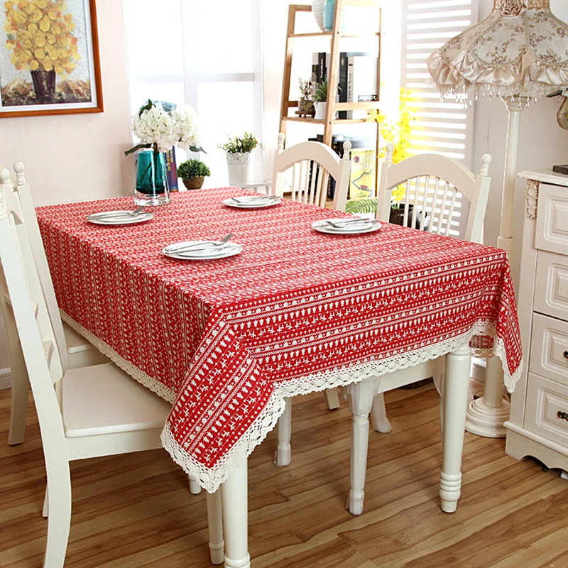 

Linen-Cotton Red Christmas Tree Tablecloth White Lace Edge Patchwork Coffee Table Cloth Is Suitable For Wedding Reception