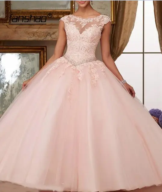 Fanshao Quinceanera Dresses Appliques Beads Scoop Neck Ball Gowns Sparkly Sweet 16 Year Princess Dresses For 15 Years Vestidos Pink