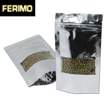 

100pcs Silver Stand Up Metallic Mylar Foil Pouch for Nuts Chocolate Storage Zip Lock Resealable Packaging Bag With Clear Window