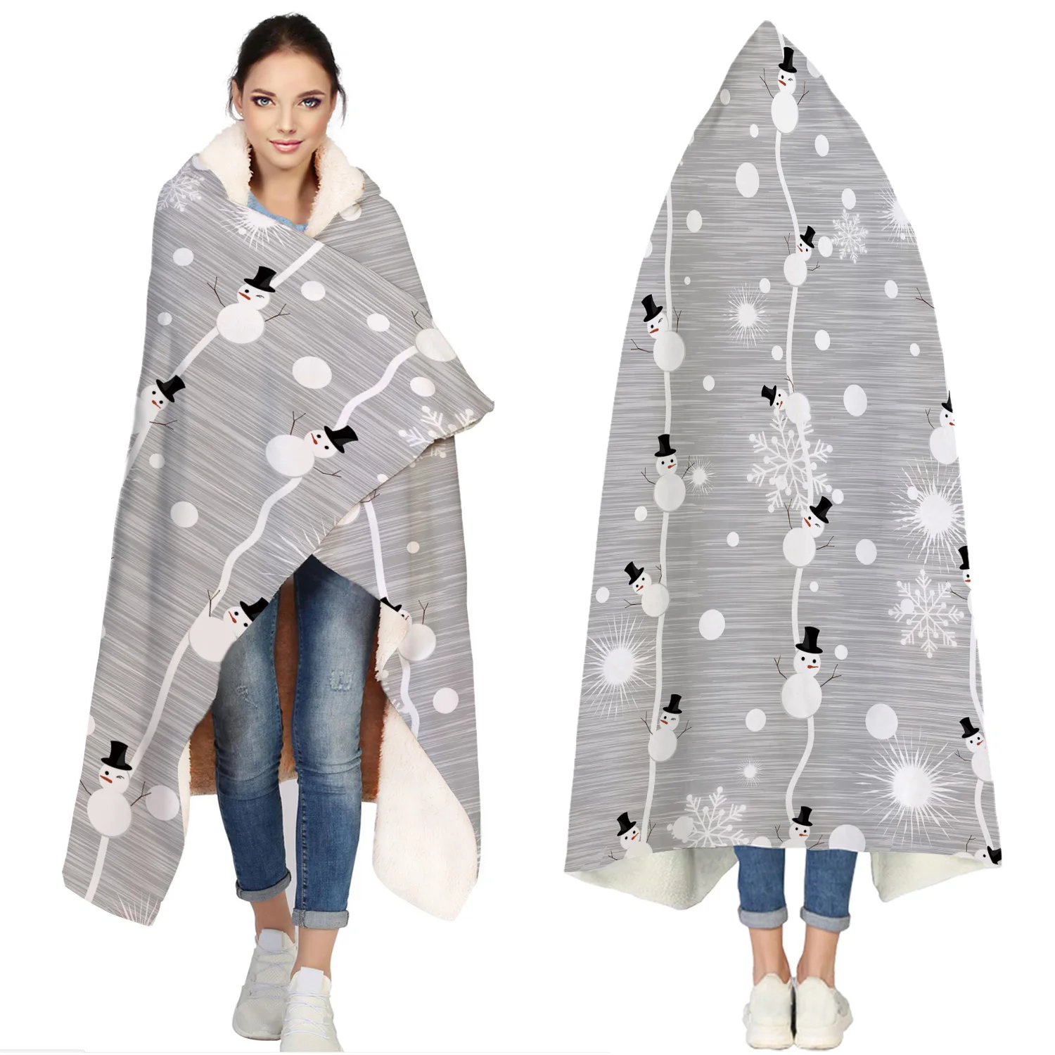 

Grey Christmas Snowman Dots Portable Wearable Fluffy Custom Hooded Blanket Fleece Hooded Throw WrapBed Blanket