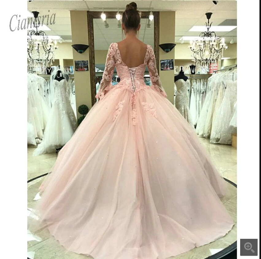 Robe de soiree/ Розовое Бальное платье, платья для выпускного вечера с кружевной аппликацией, v-образный вырез, длинный рукав, скромный мусульманский Бальные платья, бальные платья