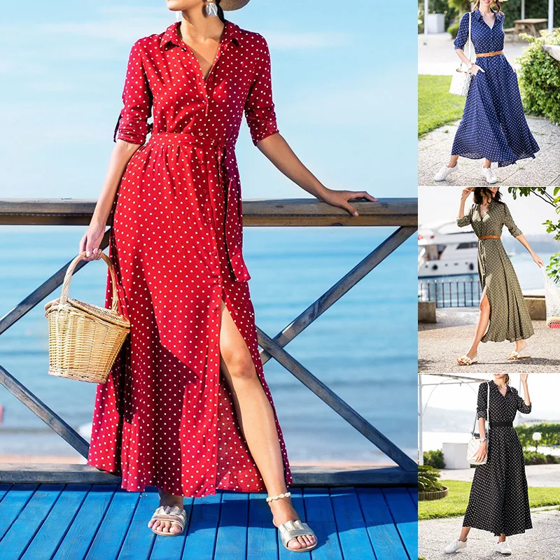 

GUMNHU Winter Autumn Ankle-Length Dresses Women 2019 V-Neck A-Line Dot Print Long Sleeve Elegant Casual Party Dress Vestidos
