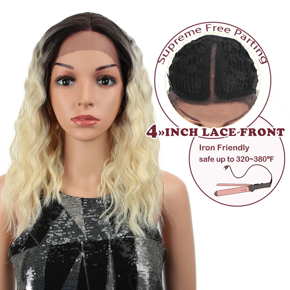 

Magic 16 Inch Synthetic Lace Front Wigs For Black Women Ombre Blonde Natural Wave Wigs Length Deep Side T Part Wig For Women