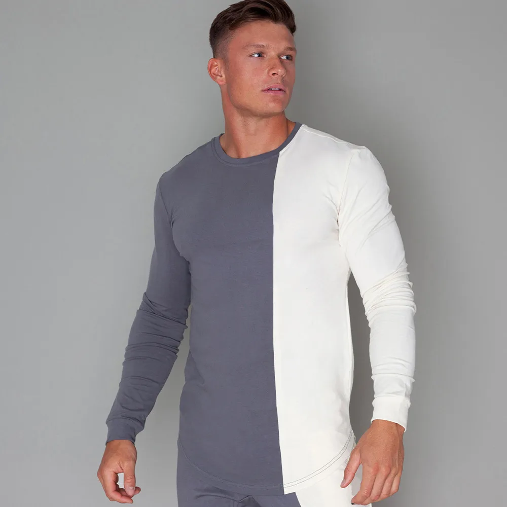 Модная Лоскутная футболка для мужчин с длинным рукавом тонкие футболки 2019 осень Новая повседневная мужская футболка тренажерные залы