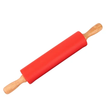 

39cm ergonomically Large Wooden Handle Revolving Non-stick Silicone Wood Rolling Pin Dough Pastry Baking Tool