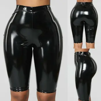 

Sexy Women Sports Shorts Skinny Stretchy PU Leather High Waist 2019 Female Solid Color Fitness Sporting Push Up Short Leggings