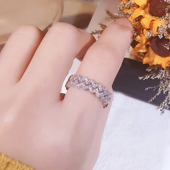 

925 Sterling Silver Double-layer Wave Pattern Ring Fashion Simple Style Wild Design Smooth Half Row Simulation Diamond Band