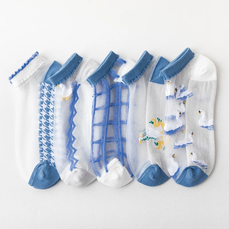

5Pair Summer Mesh Socks Women Thin Casual Transparent Cute Blue Check Series Kawaii Mori Girl Ultrathin Glass Silk Sheer Socks