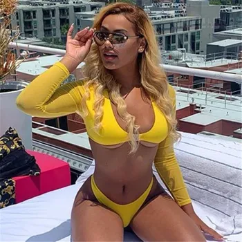 

2020 New Spot Woman Swimsuit Solid Color Polyester Two-Piece Swimsuits Long Sleeve High Waist Sexy Women Bikini