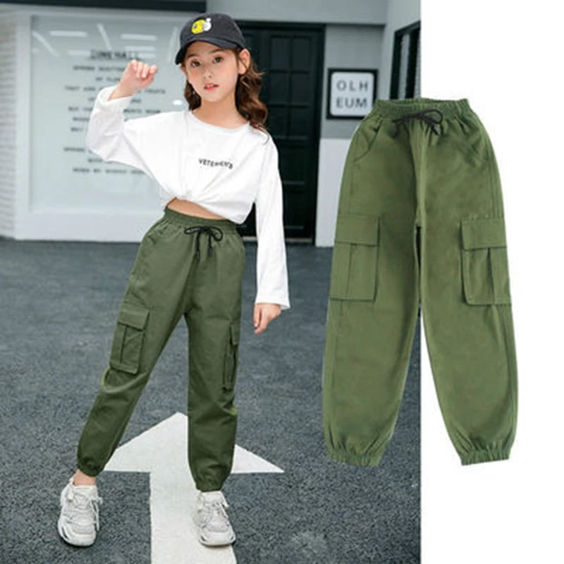 Pants for Kids Girls Cargo Pants Pure Color Trousers Pocket Loose Sport  Pants High Waist Elastic Children Casual Running Pants