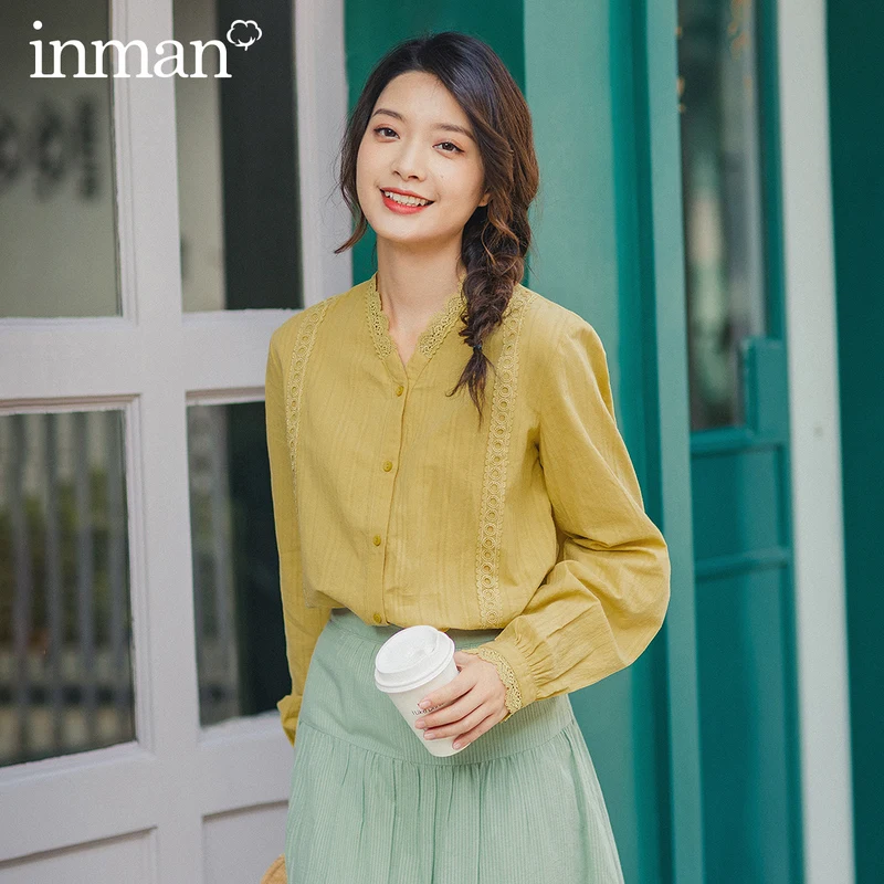 

INMAN 2020 Spring New Arrival Literary Women Cotton V Collar Flower Lace Patchwork Long Sleeve Women Elegant Blouse