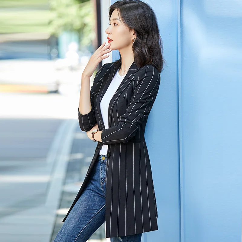 

Elegant Stripes Fashion Suit Women's Mid-length 2019 Autumn New Style Korean-style Slim Fit Casual CHIC Network Red Coat