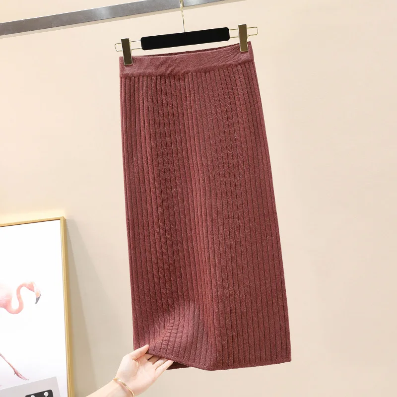 60-73 см эластичные женские юбки осень зима теплая трикотажная прямая юбка ребристая юбка средней длины черная