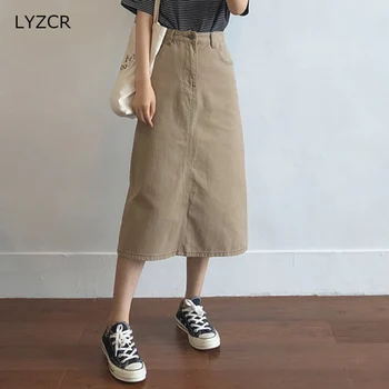 

LYZCR Midi Women's Denim SKirt Spring Summer Vintage Skirts For Women High Waist Khaki Jeans Skirt Faldas Mujer Jeans 2020