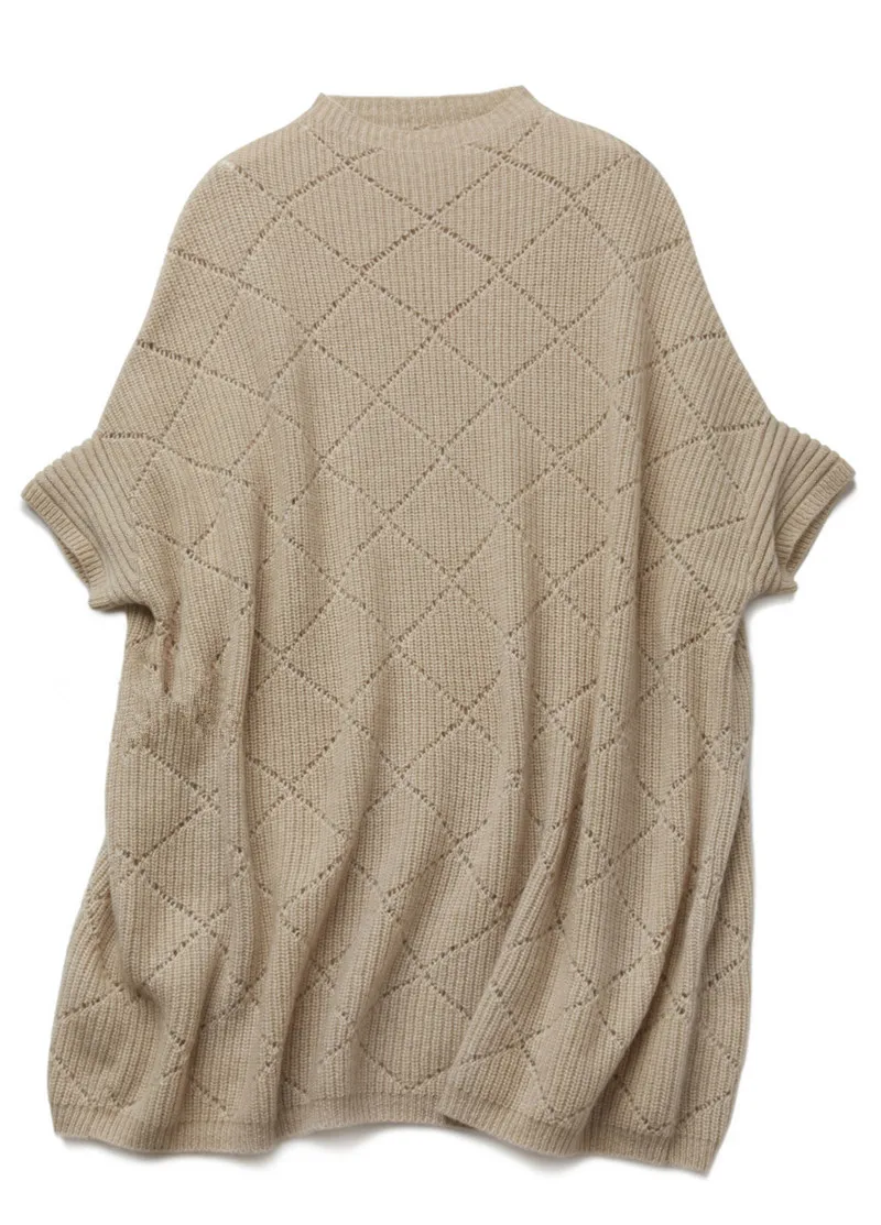 pure goat cashmere knit argyle plaid hollow out women long pullover sweater batwing short sleeve Oneck one&over size