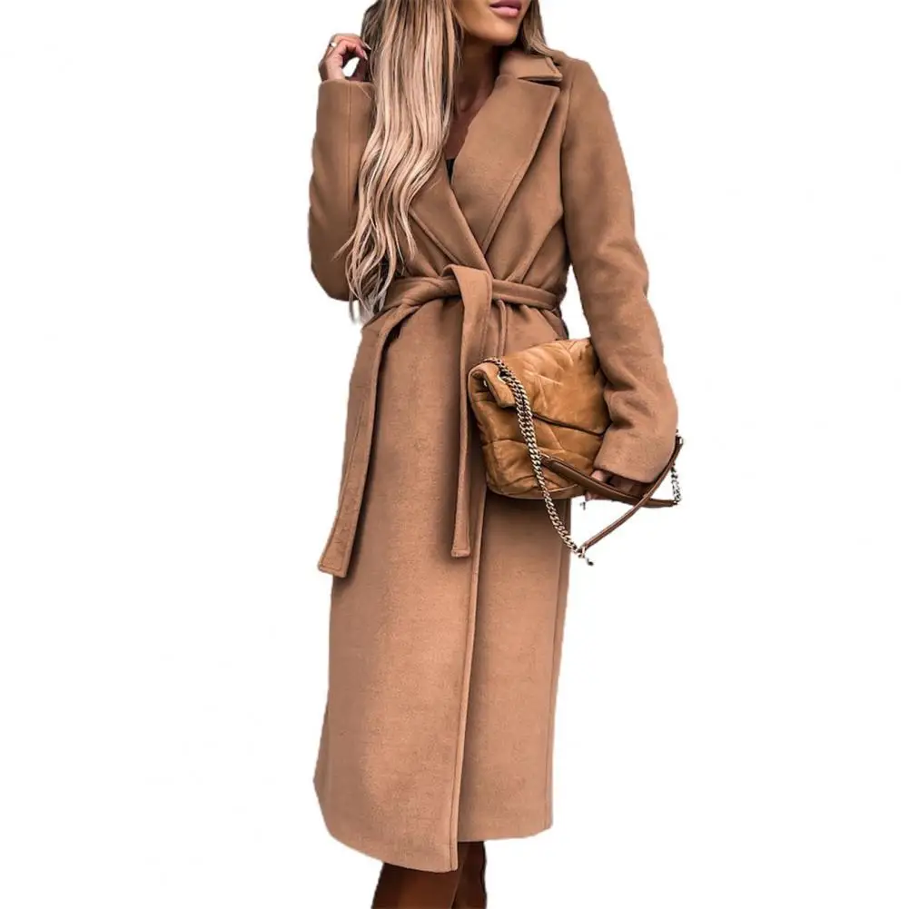 

Autumn Winter Long Trench Women Belt Oversize Coat Solid Color Turndown Collar Split Hem Windbreaker Trench Overcoat
