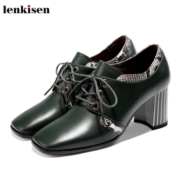 

Lenkisen 2019 genuine leather high heels square toe lace up fashion qualities mature mixed colors gentlewomen autumn shoes L10