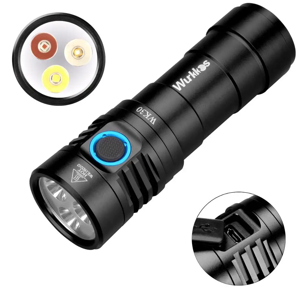 US $29.99 WK30 Multi Color Rechargeable LED Flashlight 26650 LH351D Red Light UV Light With Power Indicator