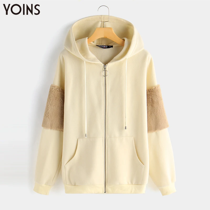 YOINS/осень-зима 2019, женские Толстовки, Толстовки с капюшоном из искусственного меха, пальто с капюшоном, длинный рукав, Женские топы с