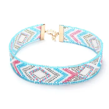 

2019 New Fashion Simple Full Colorful Rice Beads Inlay Choker Wide Necklace Women Multicolor Geometric Pattern Ethnic Necklaces