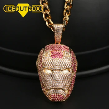 

Comics Jewelry Superhero Iron Man Mask Pendant Necklace Full Of Crystal For Women Men's Cubic Crystal Hip Hop Jewelry Punk Style