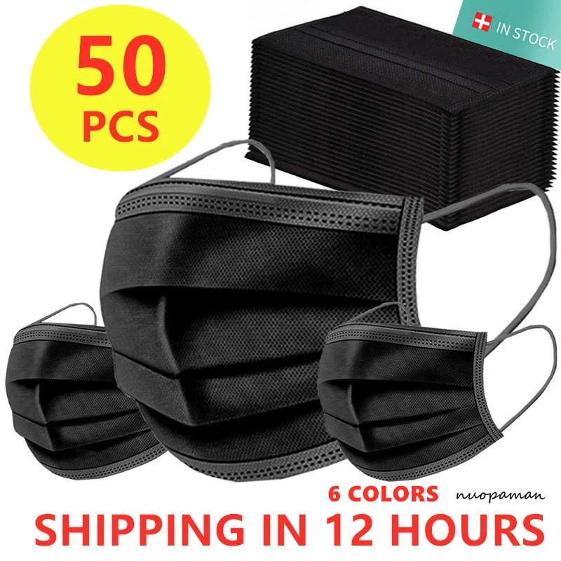Black Nonwove 3 Layers Mouth Mask 10-200PCS Masks Disposable Face Anti Dust Filter Safety Breathable Protective Adult | Красота и