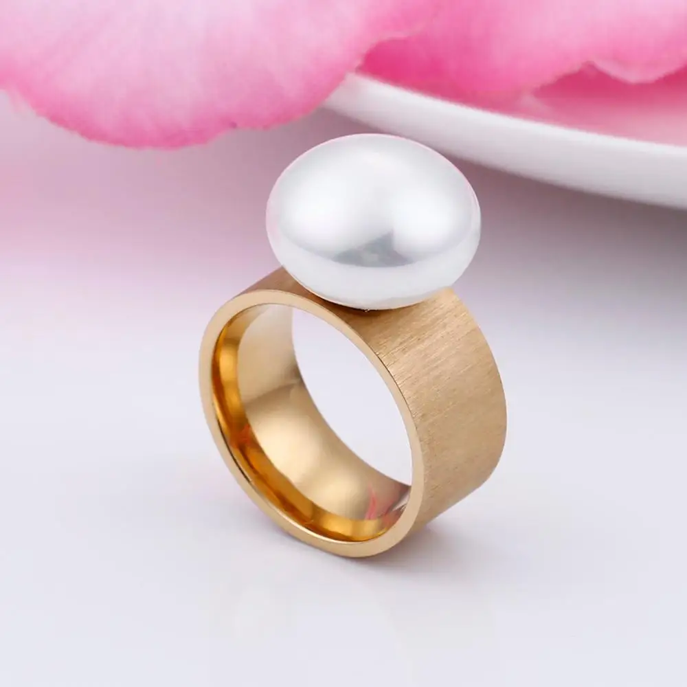 Stainless Steel Rings: KALEN Fashion Stainless Steel Rings for Women Gold Color Black Imitation Pearl Charm