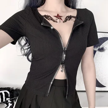

Short Sleeve Summer Cardigan Women Wild Knitted Crop Top with Zipper Slim Fit Sexy Tops Solid Color T-shirt Simple Style